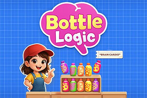 Cô bé hoạt hình đội mũ đỏ đứng cạnh kệ chai màu sắc trên nền xanh có chữ Bottle Logic