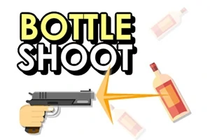 Chữ Bottle Shoot, hình ảnh một khẩu súng đang bắn vào chai, với đường đạn màu cam