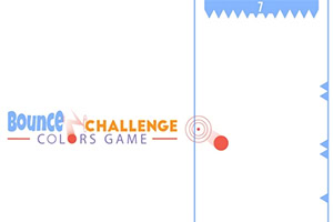 Giao diện tối giản nền trắng với chữ Bounce Colors, vòng tròn mục tiêu, quả bóng đỏ và các gai nhọn màu xanh quanh viền