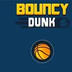 Chữ BOUNCY DUNK màu vàng và trắng trên nền xanh, bên dưới là hình ảnh quả bóng rổ