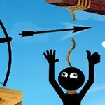 Người que dùng cung tên bắn đứt sợi dây thừng treo cổ người que khác trong khung cảnh bầu trời xanh
