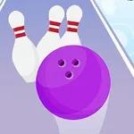 Quả bóng bowling màu tím sắp lăn đến ba ky bowling trên đường băng