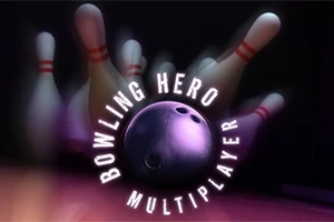 Quả bóng bowling màu đen lăn về phía các con ki gỗ, với chữ BOWLING HERO MULTIPLAYER xung quanh