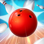 Quả bóng bowling màu đỏ lăn tới và hạ đổ các khối bowling trên nền xanh sáng