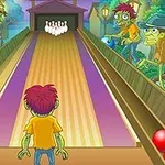 Nhân vật hoạt hình đứng trước một đường bowling với các zombie cầm bóng ở hai bên