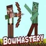 Nhân vật pixel cầm cung nhắm vào quái vật xanh trên nền đất cỏ, với chữ Bowmastery bên dưới