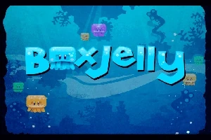 Chữ Box Jelly màu xanh lam nổi bật trên nền đại dương với các sinh vật hình hộp nhiều màu sắc xung quanh