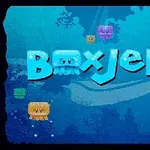 Chữ Box Jelly màu xanh lam nổi bật trên nền đại dương với các sinh vật hình hộp nhiều màu sắc xung quanh