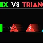 Hộp xanh và hình tam giác đỏ, xanh dương trên nền đen, với tiêu đề Box vs Triangles