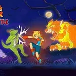 Một nhân vật chiến đấu với hình nộm màu xanh lá cây trong rừng đêm tối, với mặt trăng sáng và một con sư tử khổng lồ màu cam bên cạnh