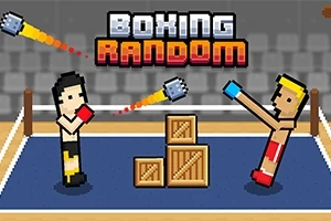 Hai nhân vật hoạt hình dạng pixel đang đấu boxing trên một võ đài, xung quanh là các thùng gỗ