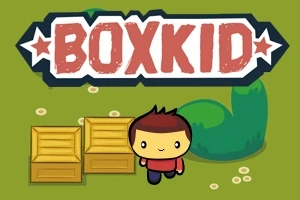 Một nhân vật hoạt hình đứng cạnh hai chiếc hộp gỗ trên nền cỏ xanh với chữ BOXKID lớn phía trên