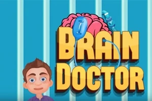 Một hình vẽ bác sĩ hoạt hình bên cạnh chữ Brain Doctor lớn màu vàng và hình ảnh bộ não với hai thiết bị y tế