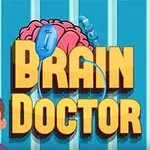 Một hình vẽ bác sĩ hoạt hình bên cạnh chữ Brain Doctor lớn màu vàng và hình ảnh bộ não với hai thiết bị y tế