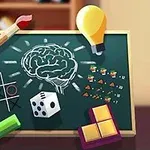 Bảng đen với các ký hiệu trí não, cọ vẽ, bóng đèn, xúc xắc, và các khối hình học nhiều màu sắc