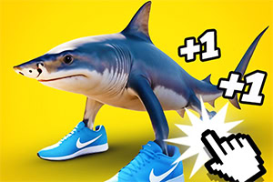 Một con cá mập có chân người đi giày Nike màu xanh, trên nền vàng với biểu tượng con trỏ chuột và ký hiệu +1