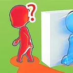 Nhân vật màu đỏ đứng trên đường màu cam với dấu hỏi bên cạnh đầu, và một nhân vật màu xanh đi ngang qua bức tường trắng