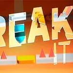 Chữ BREAK IT lớn màu trắng nằm trên nền cam với các hình tam giác và hình chữ nhật
