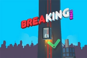 Hình ảnh một thang máy đang rơi trên tòa nhà cao tầng với dòng chữ BREAKING FALL trên bầu trời xanh, và các tòa nhà ở đường chân trời phía xa