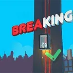 Hình ảnh một thang máy đang rơi trên tòa nhà cao tầng với dòng chữ BREAKING FALL trên bầu trời xanh, và các tòa nhà ở đường chân trời phía xa