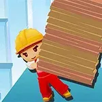 Nhân vật hoạt hình đội mũ bảo hộ và mặc quần áo lao động, đang mang một chồng gỗ lớn trên vai, đứng trên nền xanh dương với các cột trụ xung quanh