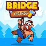 Một nhân vật hoạt hình đang treo lơ lửng dưới bảng hiệu BRIDGE LEGENDS với nền rừng và bầu trời