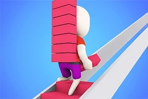 Hình ảnh nhân vật hoạt hình mang áo đỏ và quần tím, đang leo cầu thang với một chồng hộp hồng trên vai trên nền xanh
