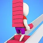 Hình ảnh nhân vật hoạt hình mang áo đỏ và quần tím, đang leo cầu thang với một chồng hộp hồng trên vai trên nền xanh