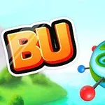 Chữ BU màu cam nổi bật bên cạnh một hành tinh nhỏ màu xanh với kết cấu xoắn ốc và các nút tròn màu đỏ trên nền cảnh quan thiên nhiên