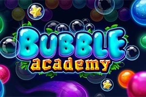 Chữ Bubble Academy với phong cách chữ phát sáng, bao quanh bởi các bong bóng màu sắc và ngôi sao vàng trên nền tối