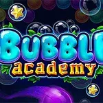 Chữ Bubble Academy với phong cách chữ phát sáng, bao quanh bởi các bong bóng màu sắc và ngôi sao vàng trên nền tối
