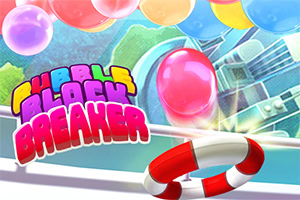 Các quả bóng đầy màu sắc bay lơ lửng phía trên chữ Bubble Block Breaker với phao cứu sinh ở phía trước