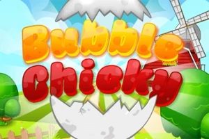 Hình ảnh một trứng vỡ với cảnh nền nông trại, có cối xay gió và tiêu đề Bubble Chicky bằng chữ màu vàng và đỏ nổi bật