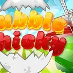 Hình ảnh một trứng vỡ với cảnh nền nông trại, có cối xay gió và tiêu đề Bubble Chicky bằng chữ màu vàng và đỏ nổi bật