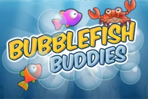 Hai con cá màu sắc sặc sỡ và một con cua đỏ với chữ Bubblefish Buddies trên nền xanh