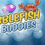 Hai con cá màu sắc sặc sỡ và một con cua đỏ với chữ Bubblefish Buddies trên nền xanh