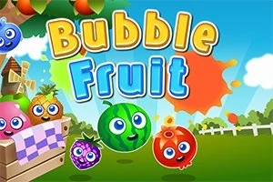 Tranh vẽ các loại trái cây có khuôn mặt hoạt hình với bóng chữ Bubble Fruit trên nền đồng cỏ xanh và bầu trời xanh