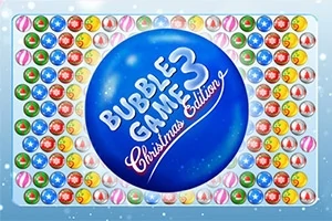 Hình ảnh hiển thị một quả bóng xanh lớn ở trung tâm với chữ Bubble Game 3 Christmas Edition, bao quanh là nhiều viên bóng nhỏ nhiều màu sắc