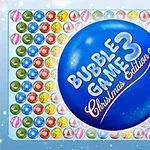 Hình ảnh hiển thị một quả bóng xanh lớn ở trung tâm với chữ Bubble Game 3 Christmas Edition, bao quanh là nhiều viên bóng nhỏ nhiều màu sắc