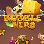 Hình ảnh có chú chuột hoạt hình cầm miếng pho mát lớn, bao quanh là các quả bóng màu xanh lam và chữ Bubble Hero