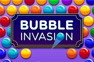 Hình ảnh có chữ BUBBLE INVASION ở giữa, xung quanh là nhiều quả bóng nhiều màu sắc trên nền tím