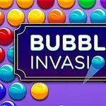Hình ảnh có chữ BUBBLE INVASION ở giữa, xung quanh là nhiều quả bóng nhiều màu sắc trên nền tím