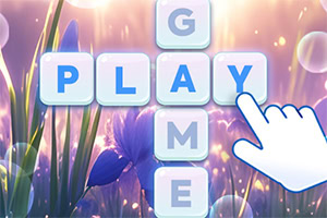 Các ô chữ ghép thành từ PLAY và GAME với nền là cảnh hoa và cánh đồng sáng rực rỡ, cùng hình bàn tay đang chạm vào