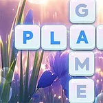 Các ô chữ ghép thành từ PLAY và GAME với nền là cảnh hoa và cánh đồng sáng rực rỡ, cùng hình bàn tay đang chạm vào