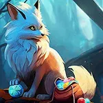 Một con cáo với bộ lông trắng ngồi trên nền rừng xanh, cạnh một túi chứa những viên ngọc nhiều màu sắc