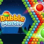 Hình ảnh hiển thị các quả bóng màu sắc được xếp thành hình chữ V hai bên, với chữ Bubble Master ở giữa, nền là bầu trời đêm và hàng cây