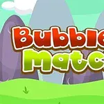 Tiêu đề Bubble Match 3 với phông chữ nhiều màu sắc trên nền phong cảnh núi non và bãi cỏ xanh