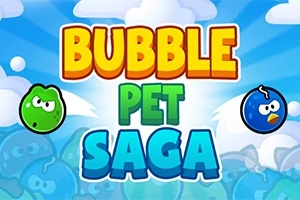 Hình ảnh có dòng chữ Bubble Pet Saga nhiều màu sắc, với hai bong bóng có mặt dễ thương ở bên cạnh, nền là bầu trời xanh và mây trắng