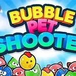 Hình ảnh có tiêu đề Bubble Pet Shooter với các quả bóng đầy màu sắc có hình động vật dễ thương trên nền trời xanh