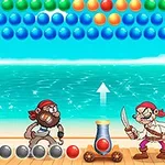Hai tên cướp biển đứng trên boong tàu với khẩu đại bác và bối cảnh là bờ biển cùng bầu trời xanh, phía trên là dãy bóng màu sắc